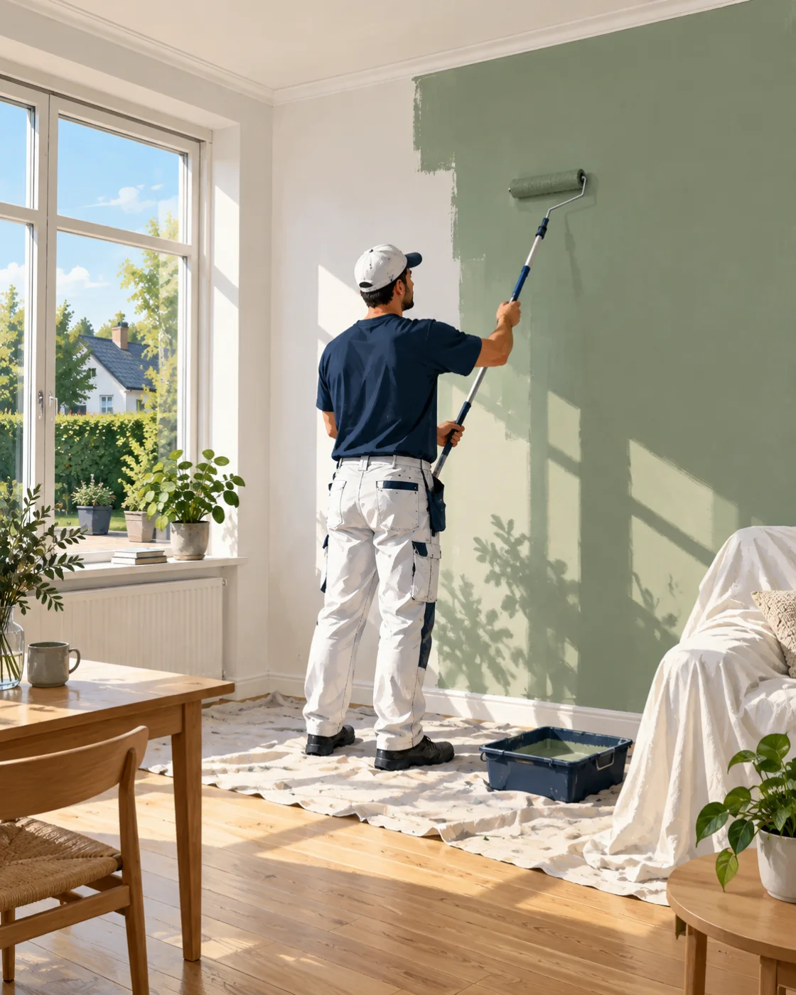 Illustration: en maler ruller en grøn væg i en lys bolig med have, mens gulv og sofa er afdækket.